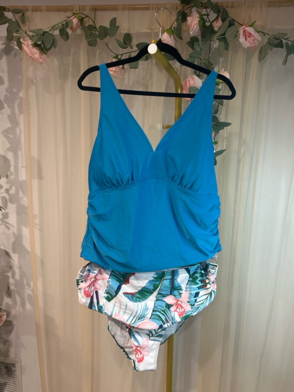 Blue Tankini Set Plus Size 4X Top Tropical Bottoms Adjustable Straps